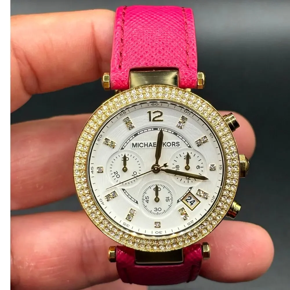 Michael Kors Parker MK2297 Crystal Chronograph Pink Leather Watch NWT